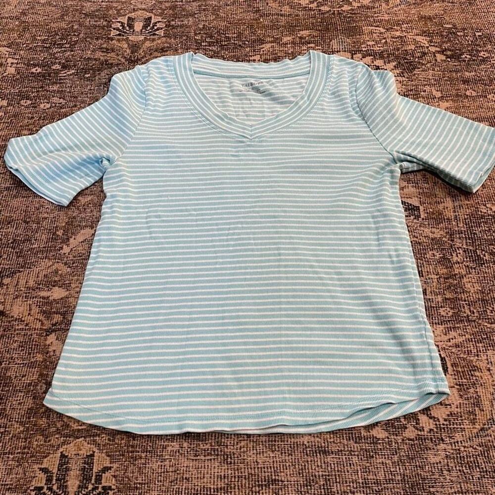 Talbots XL Blue White Striped Ribbed V-Neck Top 3/4 Sleeve Cotton Stretch